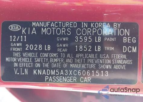 2012 Kia Rio5 Lx from USA, damaged, VIN KNADM5A3XC6061513